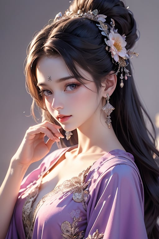 1girl, solo, jewelry, earrings, long hair, portrait, brown hair, hair ornament, looking at viewer, flower, purple eyes, realistic, lips, eyelashes, hand up, hair flower, flower earrings <lora:仙侠-000009:1>, ray tracing, (best quality), ((masterpiece)), (highres), original, extremely detailed 8K wallpaper, (an extremely delicate and beautiful), incredibly_absurdres, colorful, intricate detail, artbook, <lora:仙侠:0.8>