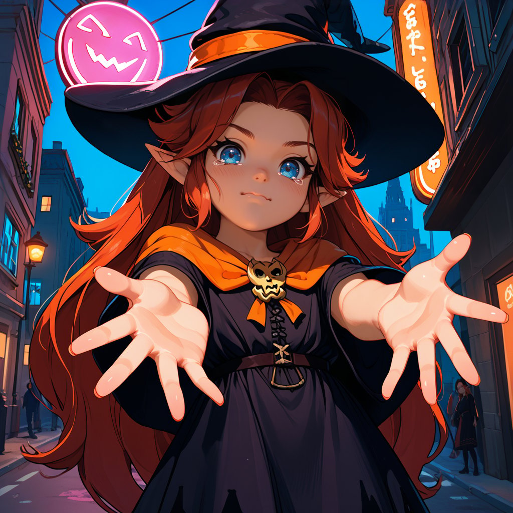 1girl,solo,cmalon,red hair,long hair,parted bangs,blue eyes,pointy ears,<lora:meh>,flat chest, witch costume, halloween costume, witch hat, outdoors,city, street, neon lights, standing,from below,outstretched hand,open hand,looking at viewer,wavy mouth,closed mouth,tearing up,<lora:StS_PonyXL_Detail_Slider_v1.4_iteration_3:1.2>,, score_9, score_8_up, score_7_up, perfect anatomy, source_anime, zPDXL2,