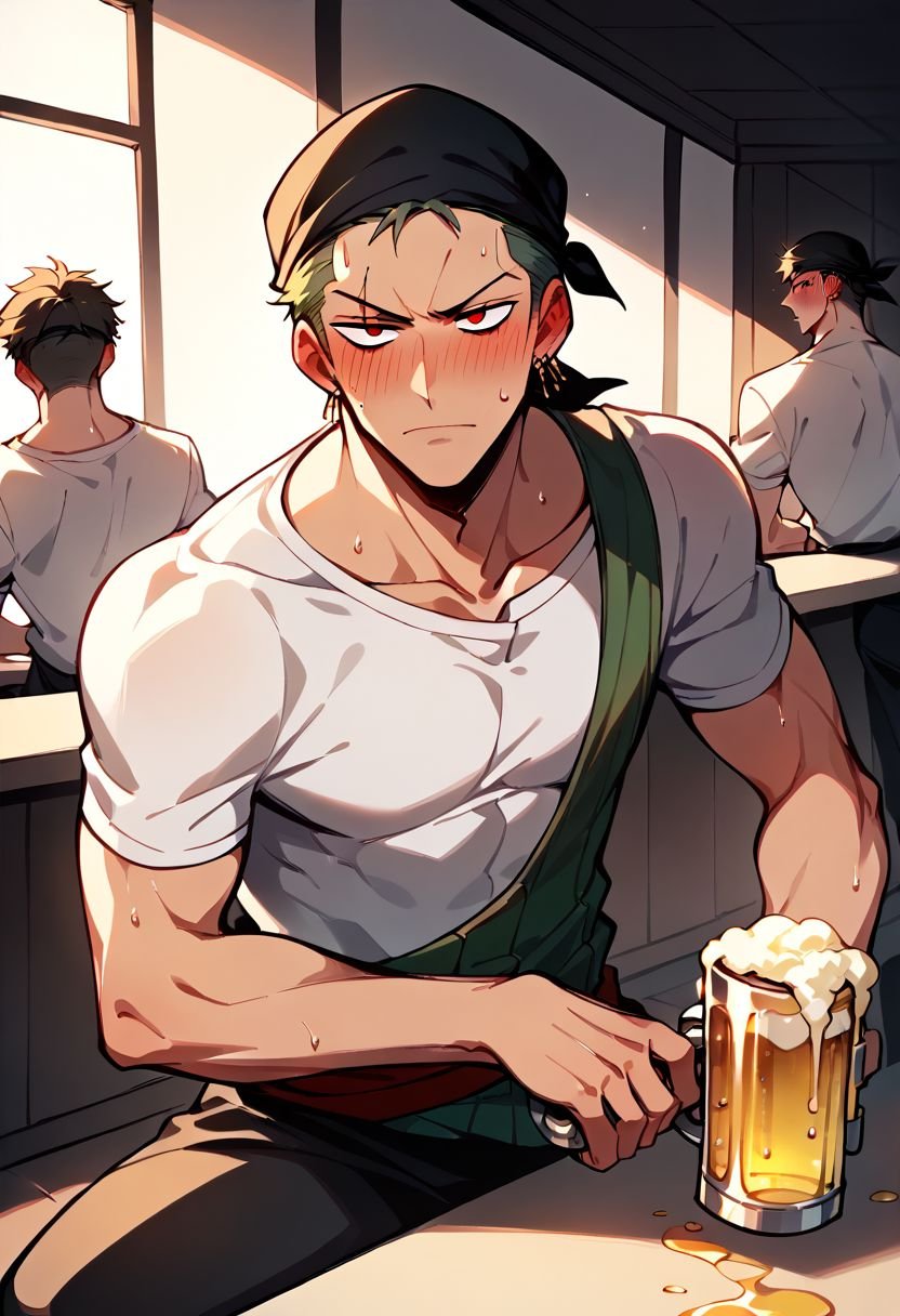 Bar, score_9, score_8_up, score_7_up, score_6_up, score_5_up, score_4_up, source_anime, masterpiece, best quality, 1 man, roronoazoro, scar across eye, single earring, black bandana, white shirt, short sleeves, black pants, (((red face))), ((full blush)), sweating, seductive, ((glassy eyes)), (eyes halfway) closed, (mouth open), ((holding a beer))