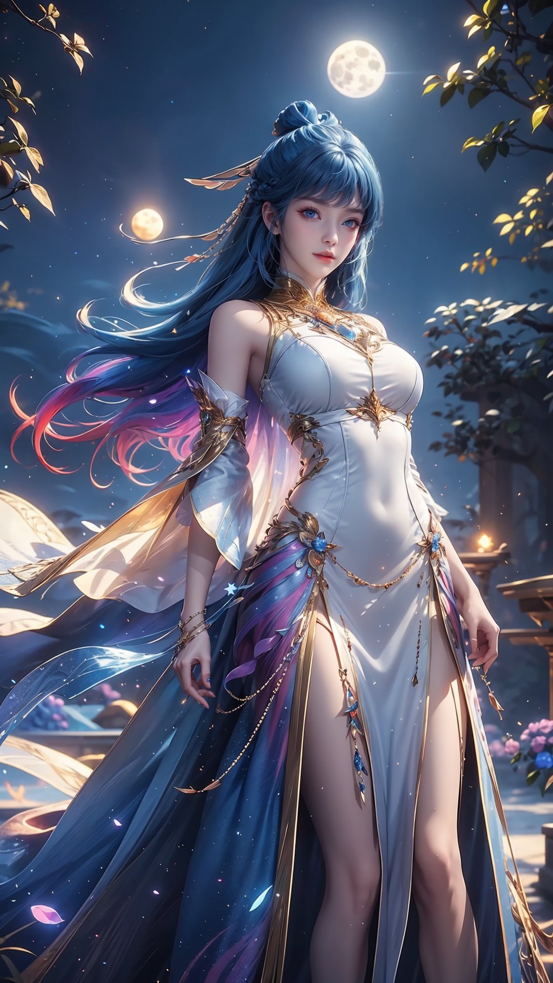 masterpiece,best quality,official art,extremely detailed CG unity 8k wallpaper,[light rays],light particles,CG,8K,1girl,solo,blue eyes,dress,white dress,blue hair,long hair,hair ornament,looking at viewer,bare shoulders,detached sleeves,outdoors,breasts,bangs,(multicolored hair:1.3),the blue flowers,closed mouth,starry sky,<lora:细节制造:0.2>,<lora:小清新:0.4>,outdoors,<lora:幻光:0.5>,<lora:王东优化版:0.7>,full moon,