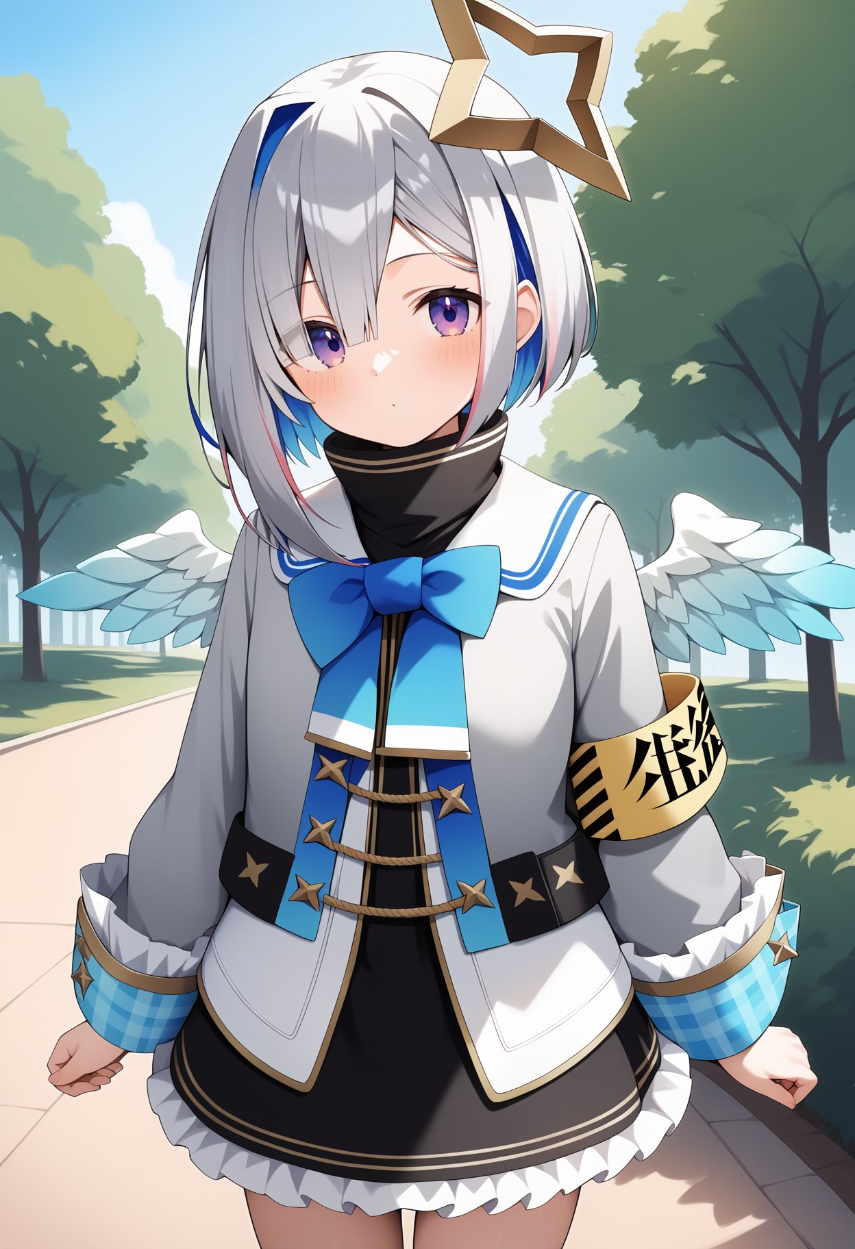 score_9, score_8_up, score_7_up, score_6_up, score_5_up, score_4_up, source_anime, aakanata, short hair, multicolored hair, grey hair, yellow halo, purple eyes, wings, turtleneck, white sailor collar, blue bowtie, grey jacket, long sleeves, frilled sleeves, armband, plaid, frilled skirt, black skirt, <lora:amane_kanata_ponyxl_v1:0.9>, standing, cowboy shot, outdoors, park