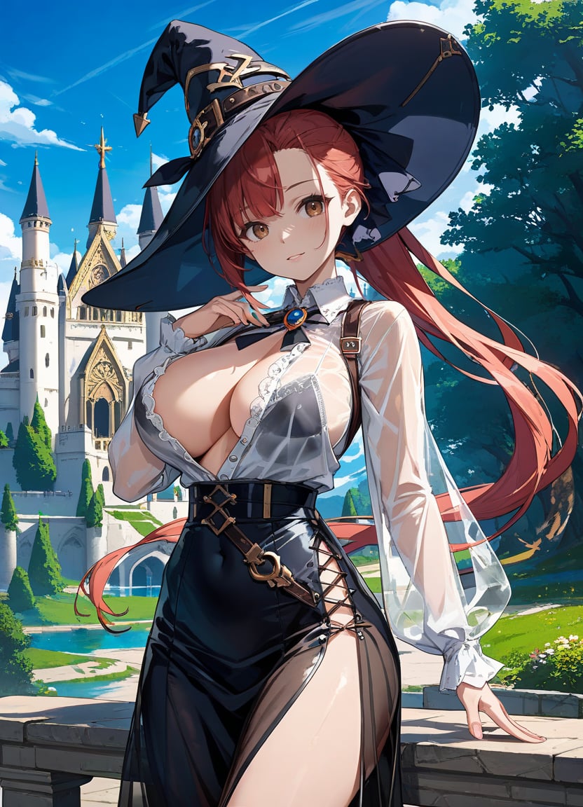 score_9, score_8_up, score_7_up ,source_anime masterpiece, best quality, perfect anatomy , very aesthetic , official art,BRAKE1girl, solo, long hair, large breasts, red hair, ponytail, brown eyes, asymmetrical bangs, witch hat, see-through shirt, unbuttoned, blouse, looking at viewer,see-through dress , outdoors, Palace , Magic Castle