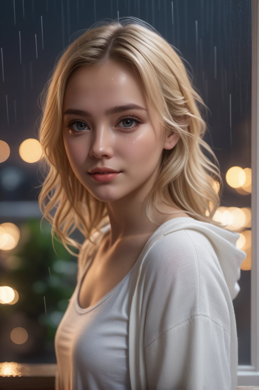 masterpiece, best quality, 8k, (looking at the viewer: 1.1), 1girl, (eye contact: 1.1), beautiful face, (detailed face: 1.2), hyper detailed, best quality, ultra high resolution, blonde hair , cozy house interior, photorealistic, high resolution, detailed , raw photo, 1girl, young petite, white clothes, night, city lights, rain