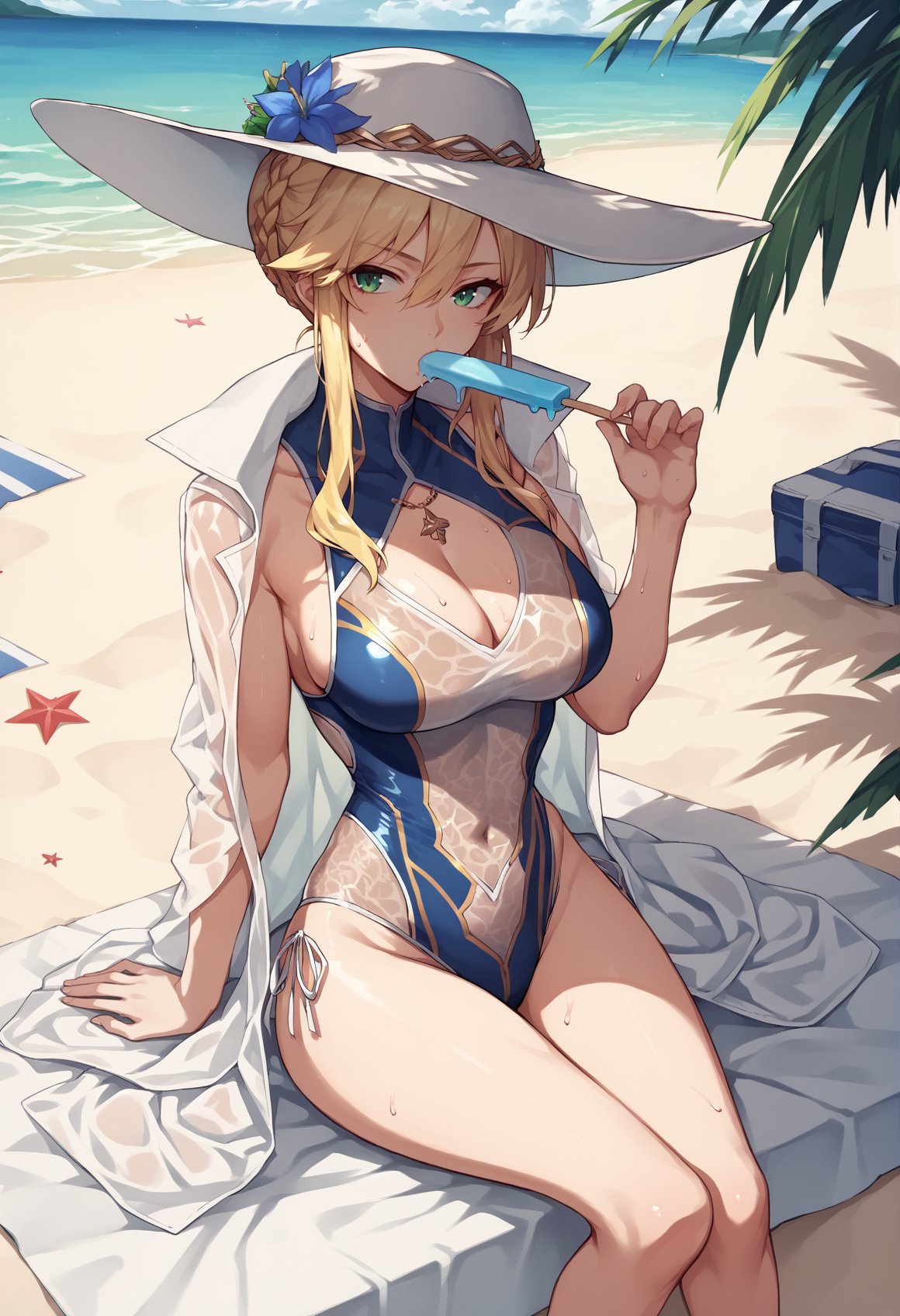 1girl, long hair, blonde hair, green eyes, sidelocks, single hair bun, french braid, one-piece swimsuit, hat, see-through, coat, coat on shoulders, sweat, outdoors, beach, sitting, towel, popsicle, looking at viewer <lora:titoria:0.8>, score_9, score_8_up, score_7_up, score_6_up, score_5_up, score_4_up, BREAK source_anime, masterpiece