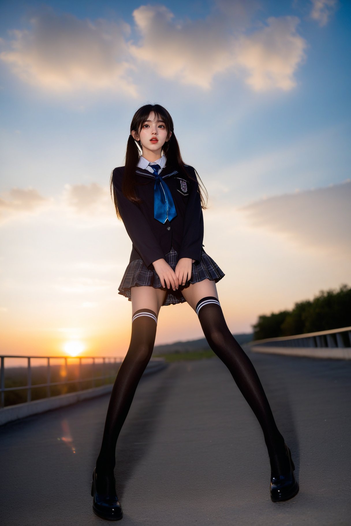 1girl,full body, school uniform, Black 8D glossy stockings,long legs,delicate facial features,sky,sunset,