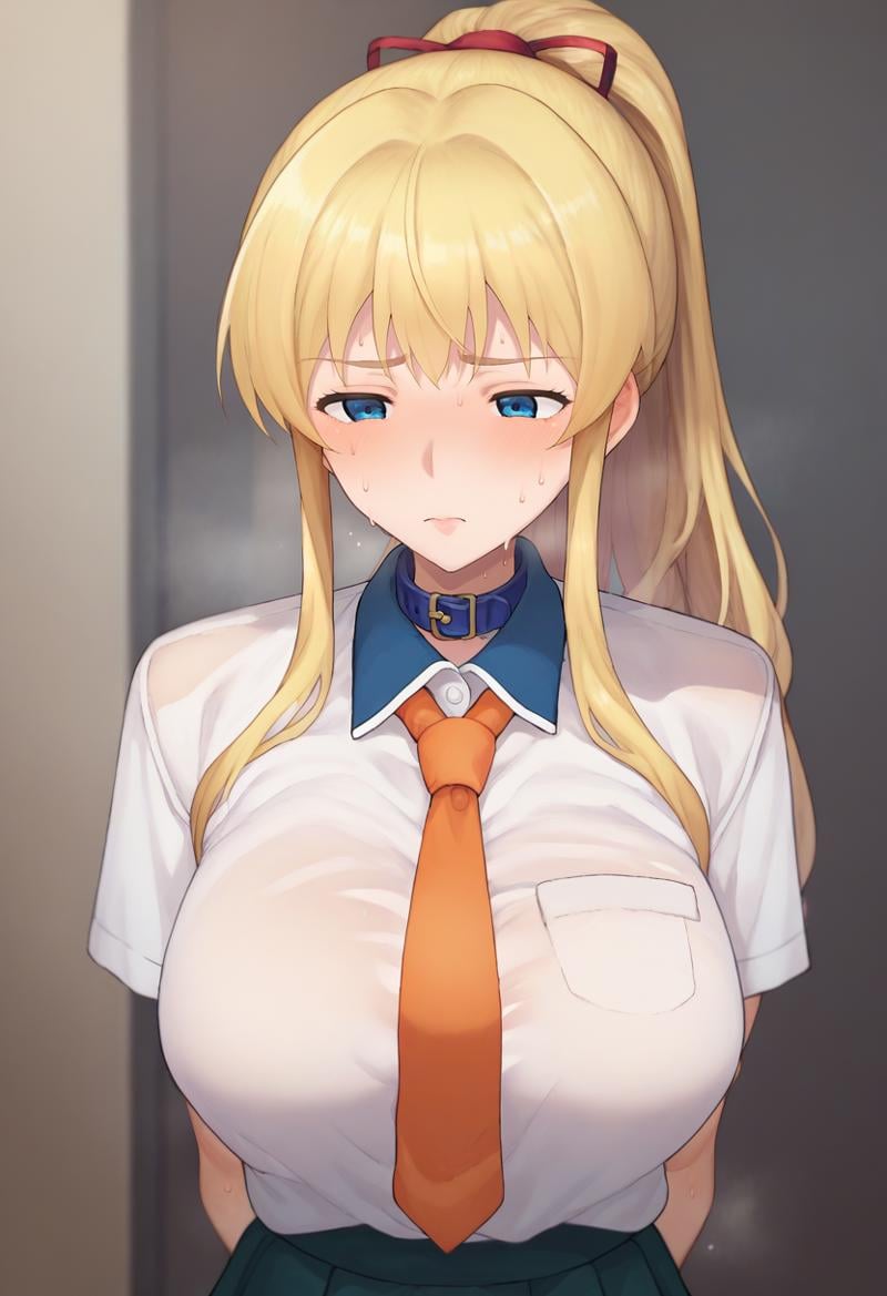 score_7_up,anime,1girl,solo,large breasts,upper body,trmcstyle,<lora:TerasuMc_v3_prod_wasabiya:1>,sweat, kirisaki chitoge, blonde hair, red ribbon, school uniform, blue collar, long hair, ponytail, blush, orange necktie, arms behind back, standing, white shirt