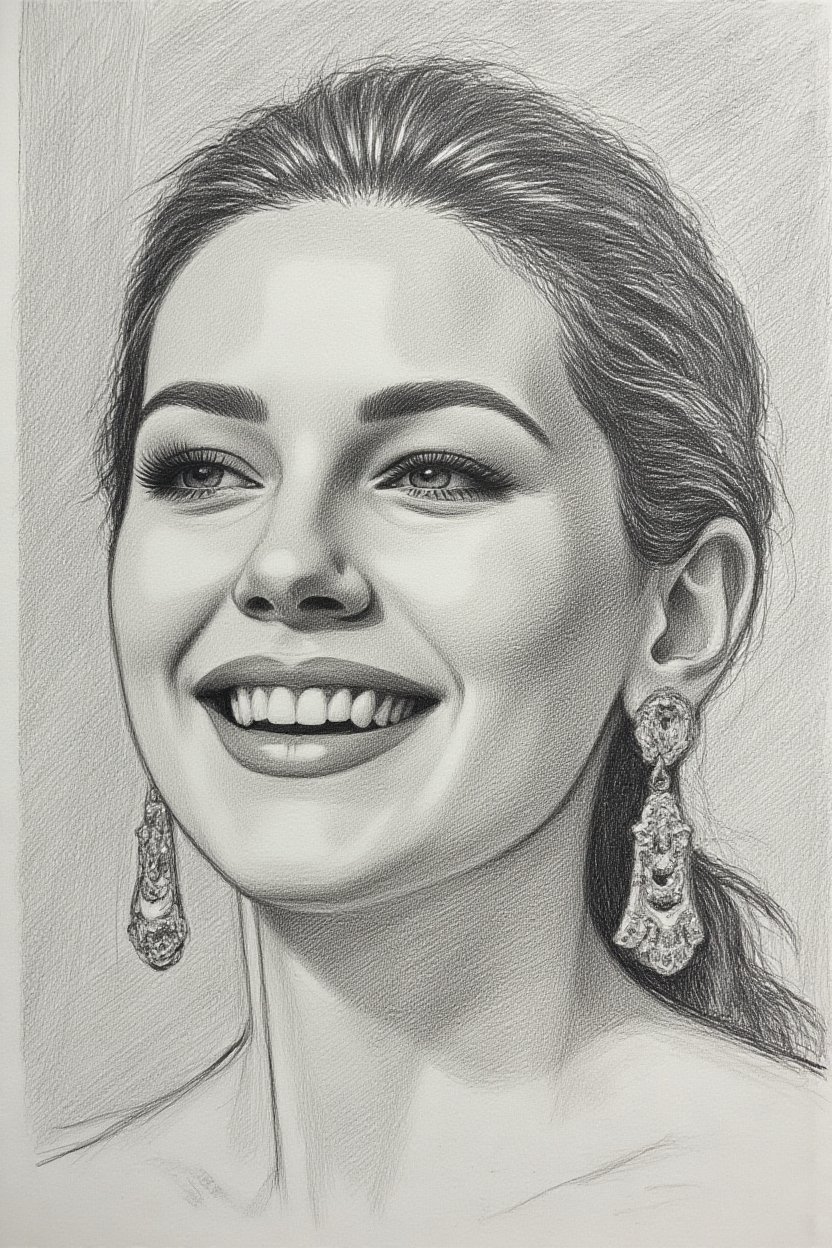 { "prompt": "Charcoal sketch of a smiling woman in a close-up portrait.",  "person": "A beautiful woman with hair pulled b...