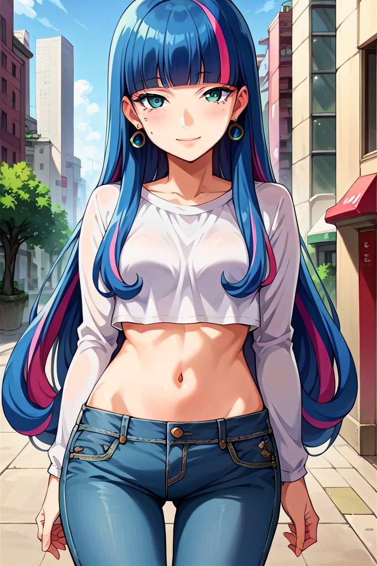 score_9, score_8_up, score_7_up, score_6_up, score_5_up, score_4_up, rating_questionable, , source_anime, digital illustration, pixiv, fanbox, uncensored, , BREAK, official art,1girl, solo, female, eida, blue hair, blunt bangs, colored colored inner hair, long hair, earrings, long sidelocks,crop top, navel, jeans, groin, city, buildings, outdoors, light smile, blush, cowboy shot, looking at viewer, colorful, vivid   <lora:Eida_Pony-10:0.8>