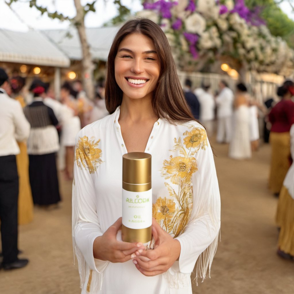 a beautiful smiling model woman, holding (Abloom organic oil:1.2)( in a white bottle whose cap is white:1.1) (while the shoulder part and heel are in golden dull brown color and the body is in white with branded words "Abloom"), the dimensions of the bottle is; height is 146mm, Diameter 40mm, Circumference 130mm,, with one hand <lora:AIBLOOM INF_LORA-000002:0.6> <lora:AIBLOOM INF_LORA-000003:0.2> <lora:AIBLOOM INF_LORA-000001:0.2>