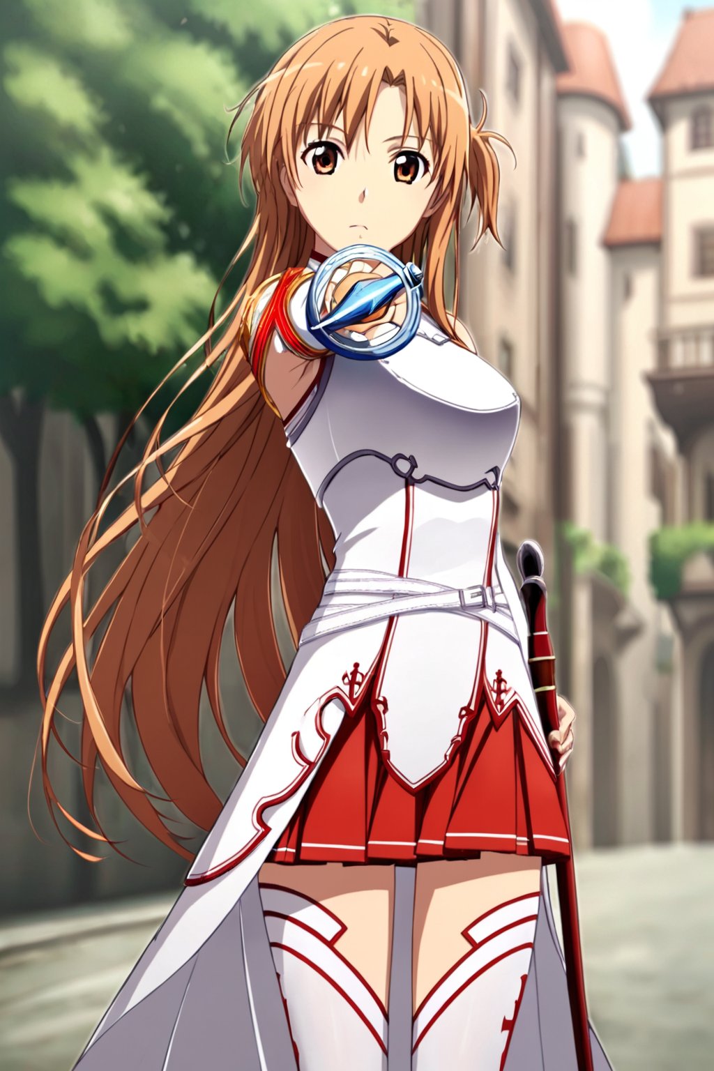 score_9, score_8_up, score_7_up, score_6_up, score_5_up, score_4_up, masterpiece,best quality, source_anime, yuuki asuna, 1girl, long hair, solo, brown hair, thighhighs, brown eyes, breastplate, armor, skirt,white thighhighs, looking at viewer, very long hair, pleated skirt, red skirt,detached sleeves, zettai ryouiki, outdoors, masterpiece, best quality, town, <lora:yuuki asuna wai 924:0.9>