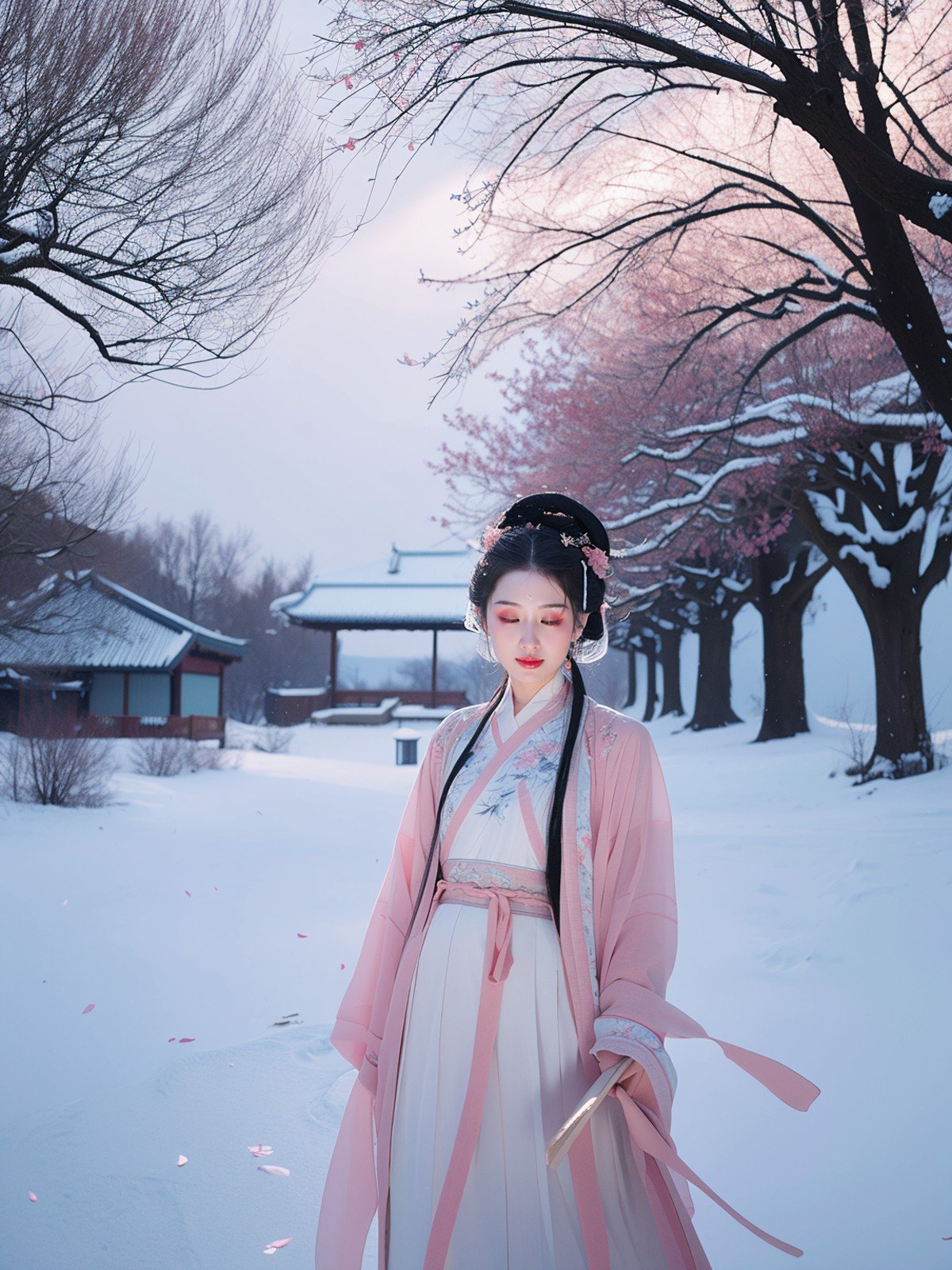 A realistic,movie-style view of a girl in white Hanfu programming on a desktop computer under a peach tree in a snowy winter scene with some wind blowing her clothes,hair and pink petals in a realistic style,