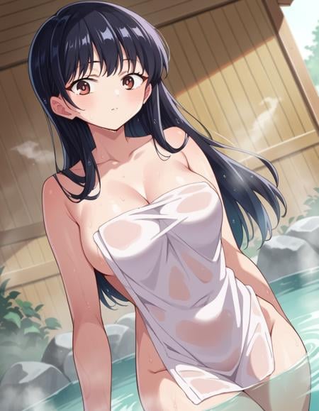 score_9, score_8_up, score_7_up, source_anime, annayamada, <lora:anna-yamada-s2-ponyxl-lora-nochekaiser:1>, anna yamada, long hair, bangs, black hair, brown eyes,nude, naked, outdoors, onsen, towel, naked towel, steam, bathing, nude cover, partially submerged, water, bath, steam censor, wet towel,looking at viewer, cowboy shot, dutch angle,