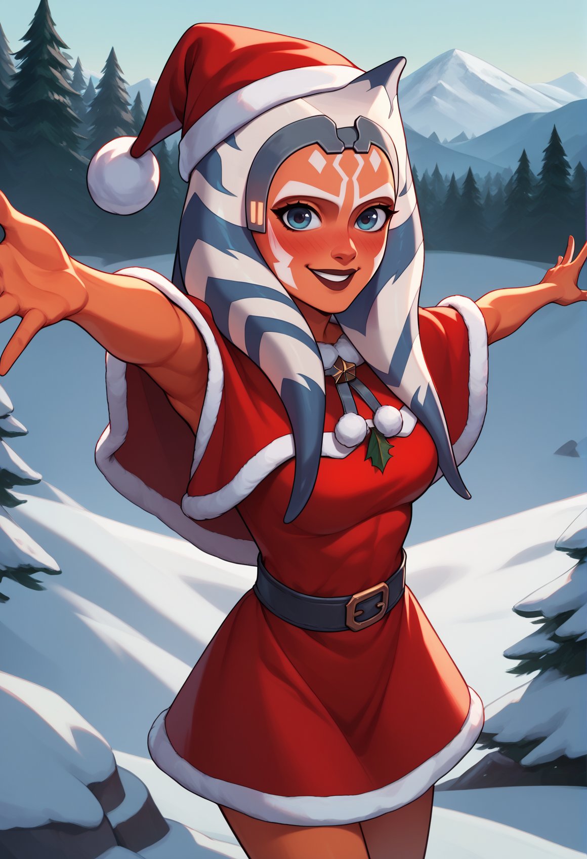 score_9, score_8_up, score_7_up, female, solo, grey headband, ahss7, medium breasts, <lora:AhsokaS7PDXL_V1-Manityro-adamw:1.0>, outdoors, winter forest, mountain, cliffside, looking at viewer, smile, blush, toned, santa hat, santa costume, red dress, strapless, red capelet, fur trim, outstretched arms,