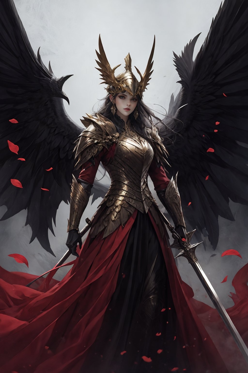 1girl，solo，jewelry，earrings，helmet，holding weapon，holding sword，Malenia in Elden Ring, dragon scale hat, in the style of epic fantasy scenes, gold and crimson,golden helmet,ritualistic masks with gold wings spread on it, mythical,Petals drift around her as her once-pristine form undergoes a graceful decay,glowing crimson eyes,in the underground cave with light shooting through the hole on the top,32k uhd,   painted by MichaelCTY(Chang Ting Yu),medieval knight armor,in the style of Dark SoulⅢ,painted by hamaya and macros,dark fantasy,majestic attire,captivating light,solarizing master,strong emotional impact,majestic figures，<lora:绪儿-女武神 winged helmet:0.8>