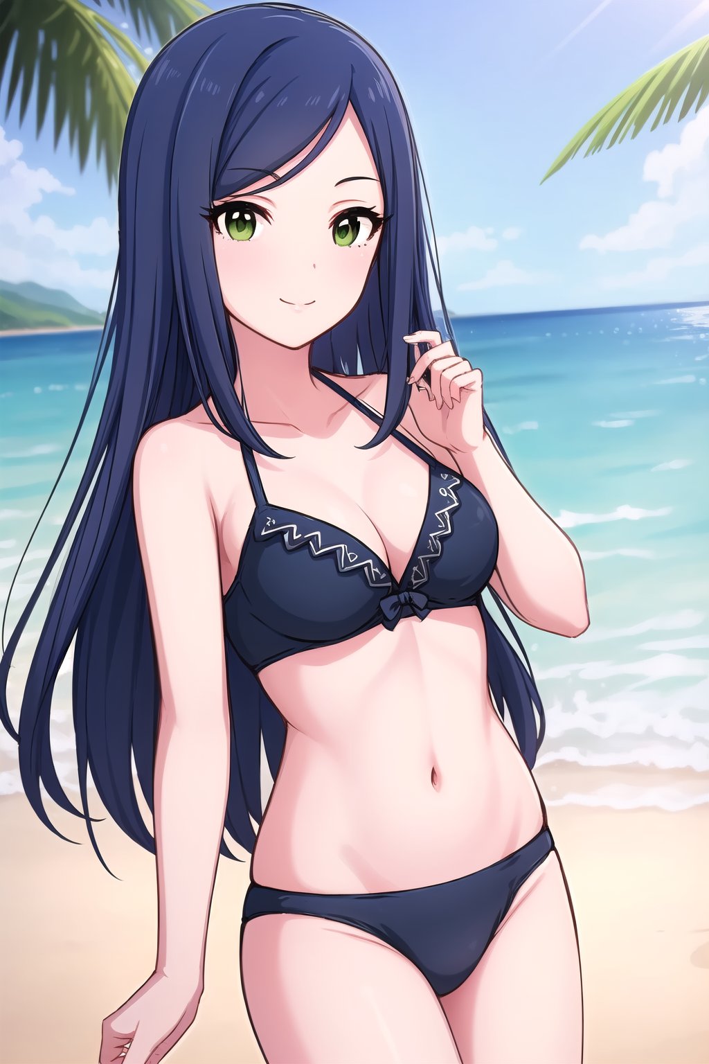 (masterpiece, best quality), highly detailed background, perfect lightingbest quality, juneyIMAS, solo, outdoors, nature, beach, dark blue hair, swept bangs, parted bangs, long hair, green eyes, medium breasts, black bikini, swimsuit, smile, closed mouth, :), <lora:Juney-IM@S-(Beta)-05:0.7>