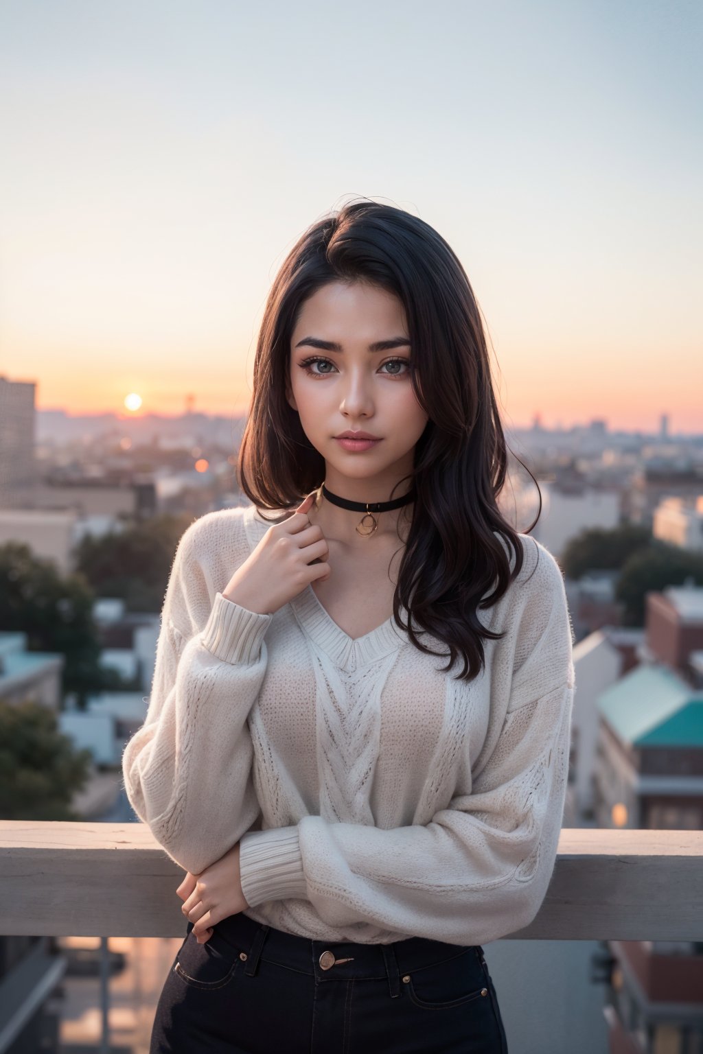 1 young cute iranian girl, very slim, skinny, redhead, rouge, red neck lace choker, cateyes makeup, colorful, oversize knit jumper, softcore, warm lighting, cosy atmosphere, Instagram style, red theme, upper body shot,(cinematic, black and red:0.85), (sunset beautiful background:1.3), sharp, dim colors