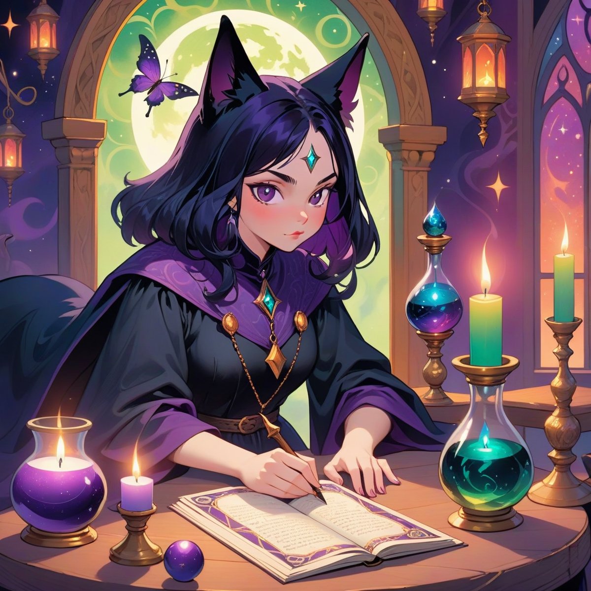 The witch wears a magnificent robe of deep purple,adorned with intricate silver runes that shimmer with a dark glow. The robe billows gracefully behind her,enhancing her air of mystery and charm. Her long black hair,as dark as night,flows loosely over her shoulders,exuding a sense of lazy elegance. On the table,various mystical objects are arranged,the most noteworthy being a scale. One side holds a bottle filled with potions,its contents shimmering with multicolored lights that seem to contain infinite magic. The other side displays a magic bottle,emitting a mysterious aura with its engraved runes,provoking curiosity and awe. Reclining lazily on a green chair,a black cat stares intently at the witch,its eyes deep and pensive. The cat's fur is soft and shiny,its black coat glinting in the candlelight,adding a touch of mystery to the scene. In one corner of the room,a magic mirror hangs,reflecting the witch's figure in its depths. Her face appears vaguely in the mirror,as if harboring an unfathomable power. The frame is adorned with intricate gemstones,emitting a seductive glow that enhances the room's air of mystery and luxury. Candles and tarot cards are also present on the table. The flickering flame of the candles casts a warm and dim light,creating a cozy and enigmatic atmosphere. The tarot cards,lying silently on the table,exude a mysterious aura with their intricate patterns and symbols,seeming to whisper secrets of the future. The overall scene,dominated by hues of purple and black,evokes a sense of enchantment and mystery. The witch,the scale,the magic bottle,the potions,the butterfly specimens,the black cat,and the magic mirror intertwine to create a world of fantasy and magic. In this world,the witch explores the mysteries of the universe with her wisdom and power,seeking unknown knowledge and truth.,