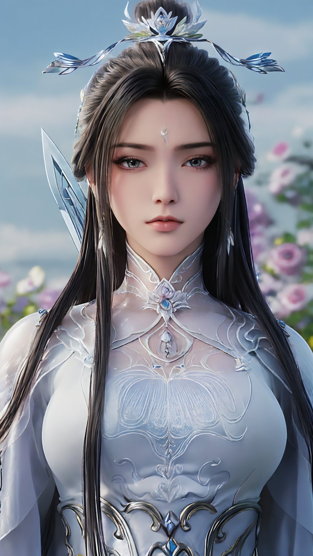 lxq,1girl,solo,black hair,long hair,jewelry,earrings,hair ornament,white chinese clothes,hair bun,looking at viewer,sky,closed mouth,flower field,sky,clear background,mount,<lora:玫瑰花场景-王导:0.6>,<lora:lxq:0.8>,pink rose,portrait,waterfall,butterfly,close ups,