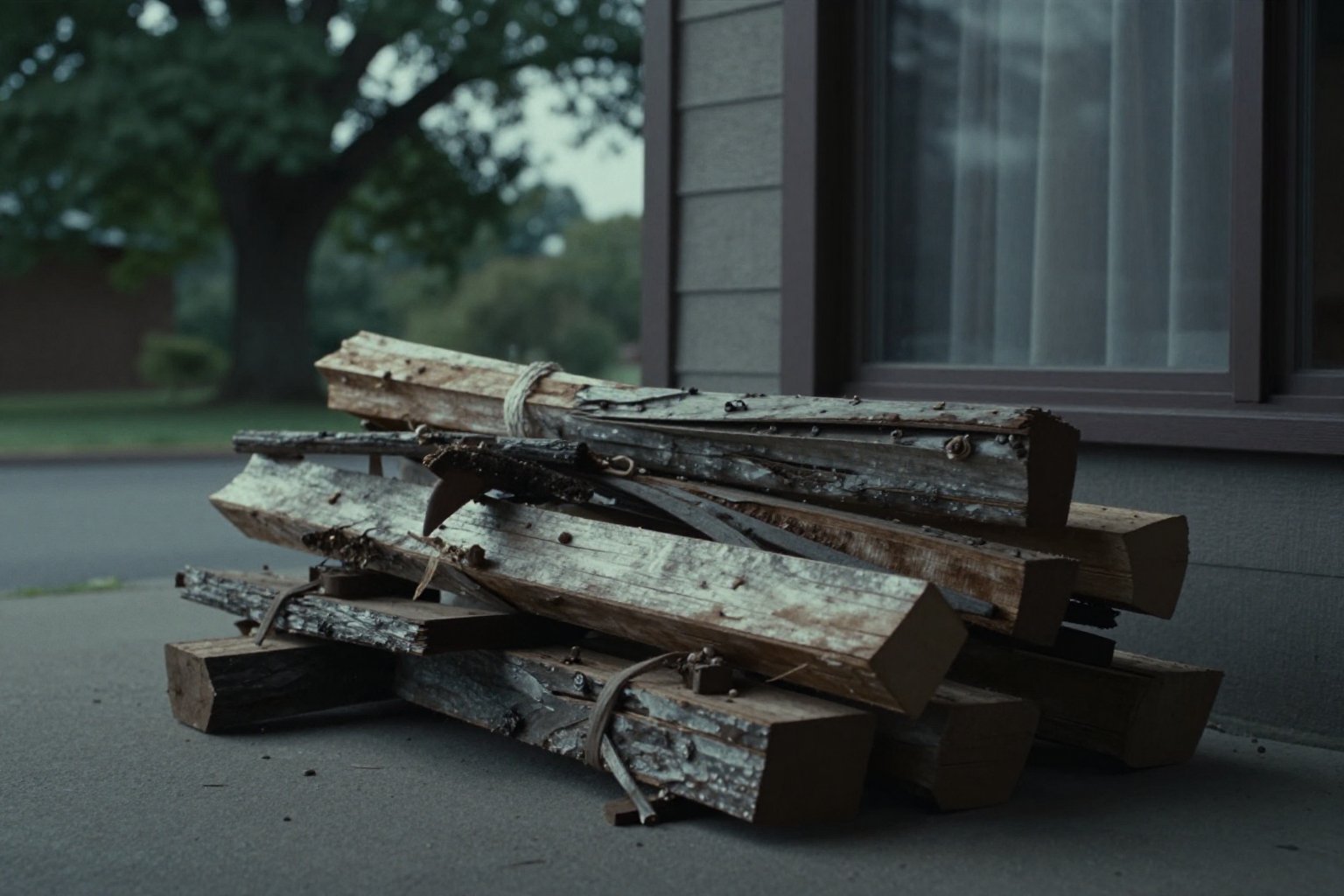 cinematic film still of photorealistic:1,  Silver themed color,  In cinematic Bleach bypass Film style a pile of wood sitt...