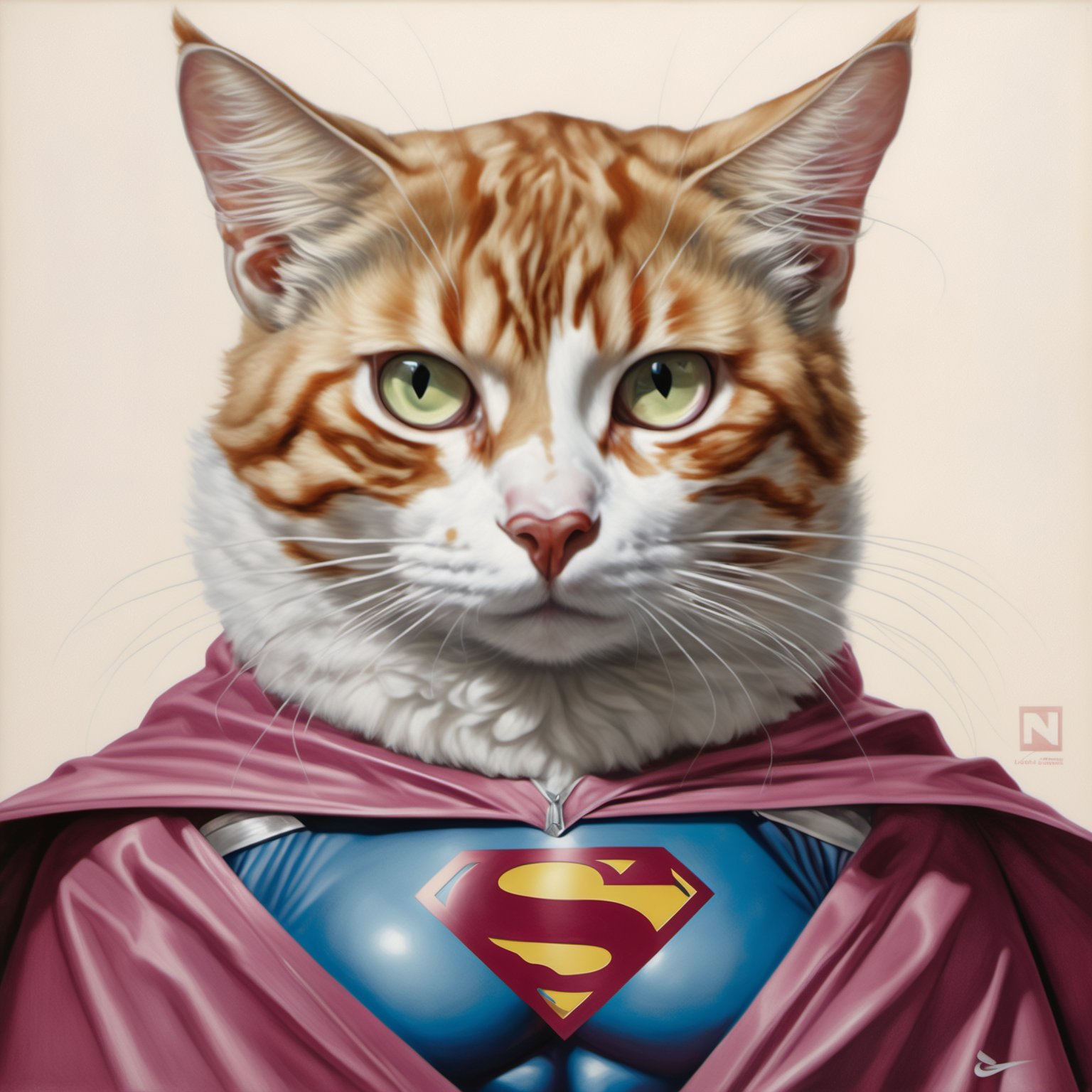 [ (stylized by Anna Dittmann:1.1) : (J.C. Leyendecker:0.7) :9], Magenta mountains, Mystifying (superman cats:1.2) , wearing Supernatural super hero costume, nike sneakers, Hurricane, Regret, Hyperrealism, One Color, aw0k cat