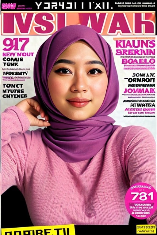 Photo of seductive hijab woman on magazine cover,  wearing pink tight long turtleneck by mekkyaku on Tensor.Art