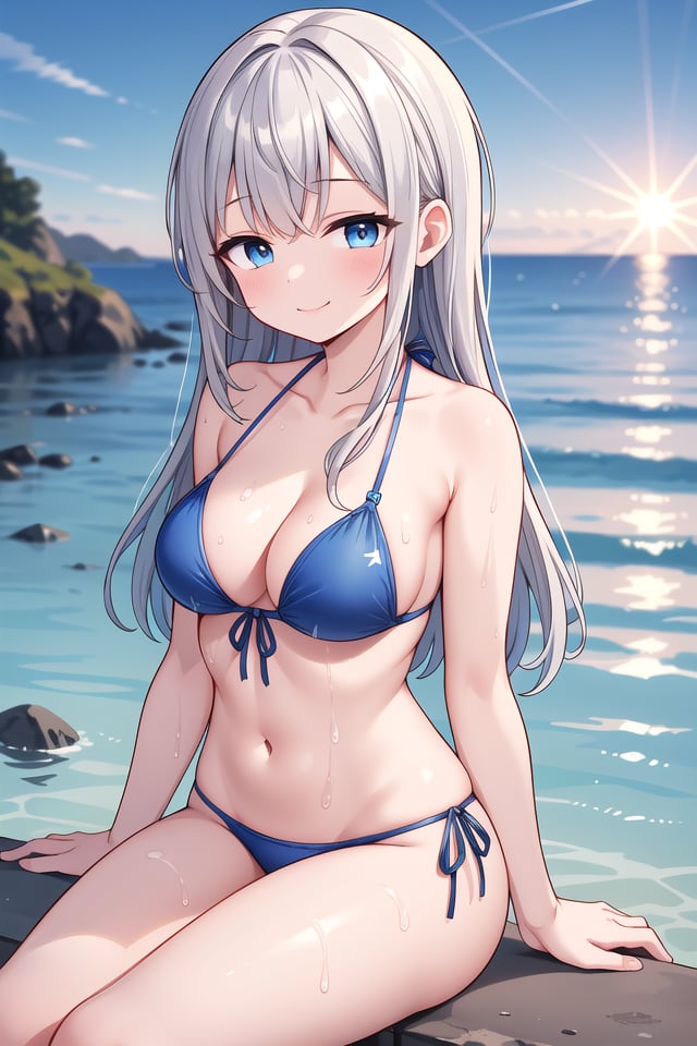 insanely detailed, absurdres, ultra-highres, ultra-detailed, best quality,1girl, solo, nice hands, perfect handsBREAK(pastel colored bikini:1.3)BREAKhappy smile, laugh, closed mouth,sitting on beach, seductive pose, cowboy shotBREAKslender, kawaii, perfect symmetrical face, ultra cute girl, ultra cute face, ultra detailed eyes, ultra detailed hair, ultra cute, ultra beautifulBREAKDimly lit morning sea Capture the mysterious beauty of the ocean as it slowly awakens under the faint light of dawn, depth of field, ultra detailed backgroundBREAKlarge breasts, cleavage, extremely detailed navel, (wet skin:1.2), (shiny skin:1.3)BREAKgrey hair, blue eyes, medium long hair,