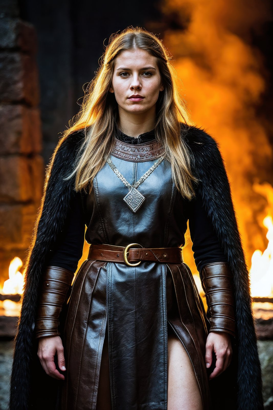 A high-resolution photograph of a Viking woman warrior, traditional Viking armor, leather tunic, chainmail, fur cloak, The overall mood is intense and adventurous, capturing the spirit of the Viking age, high-resolution, Viking warrior, traditional armor, intense, adventurous