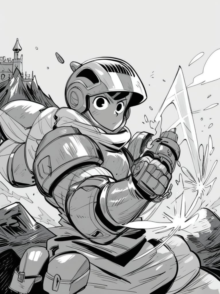 score_9, score_8_up, score_7_up, score_6_up, armored boy, helmet, faceless, mountain, castle, holding a laser sword, looking at viewer, cowboy shot, dynamic pose, cute, wide shot, solo, <lora:INKtoonXLP_Style:1> InkToon, monochrome, black eyes, simple white  background, cute, sketch, thin line, cartoon, splash art, concept art