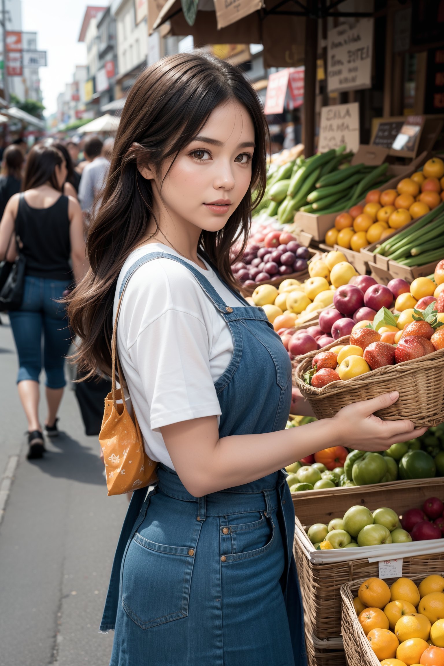 natural skin,<lora:more_details:0.3>,<lora:GoodHands-beta2:1>,(A photorealistic image of a woman walking through a busy market, with vendors selling colorful fruits and vegetables all around. Shot from a close-up angle to capture the sense of texture and vibrancy,film grain,Fujifilm XT3,