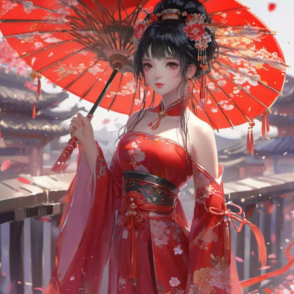 <lora:xcfs-000008:0.8>,xcfs,1girl,umbrella,solo,jewelry,dress,hair ornament,holding umbrella,earrings,holding,long hair,flower,chinese clothes,bare shoulders,black hair,looking at viewer,oil-paper umbrella,blurry background,upper body,bracelet,detached sleeves,railing,hair flower,tassel,sash,long sleeves,falling petals,outdoors,wide sleeves,petals,, masterpiece, best quality,