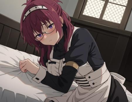 score_9, score_8_up, score_7_up, source_anime,lilyagreyrat, <lora:lilya-greyrat-s1-ponyxl-lora-nochekaiser:1>,lilya greyrat, purple eyes, red hair, glasses,long sleeves, dress, pantyhose, apron, maid, maid headdress, maid apron,indoors, bed, bed room, on side, blush, drunk,looking at viewer, dutch angle, cowboy shot,