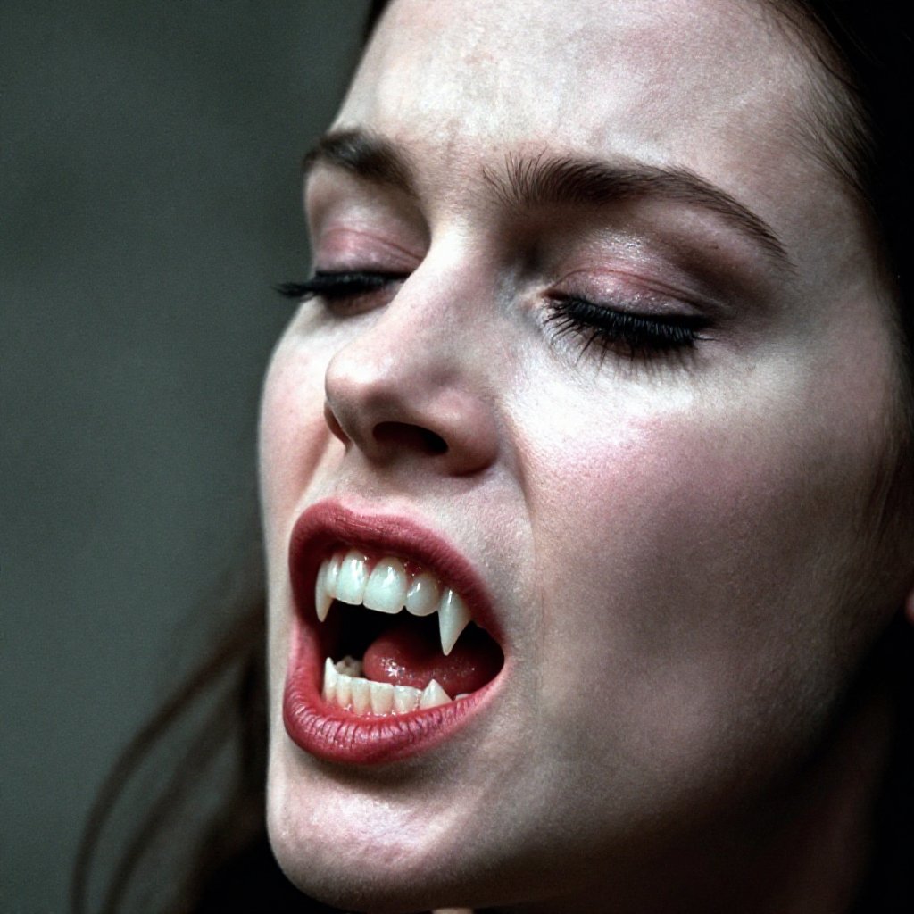 cinematic film still of cinematic style,  Perfect vampire fangs teeth a white vampire woman with a vampire fangs teeth bit...