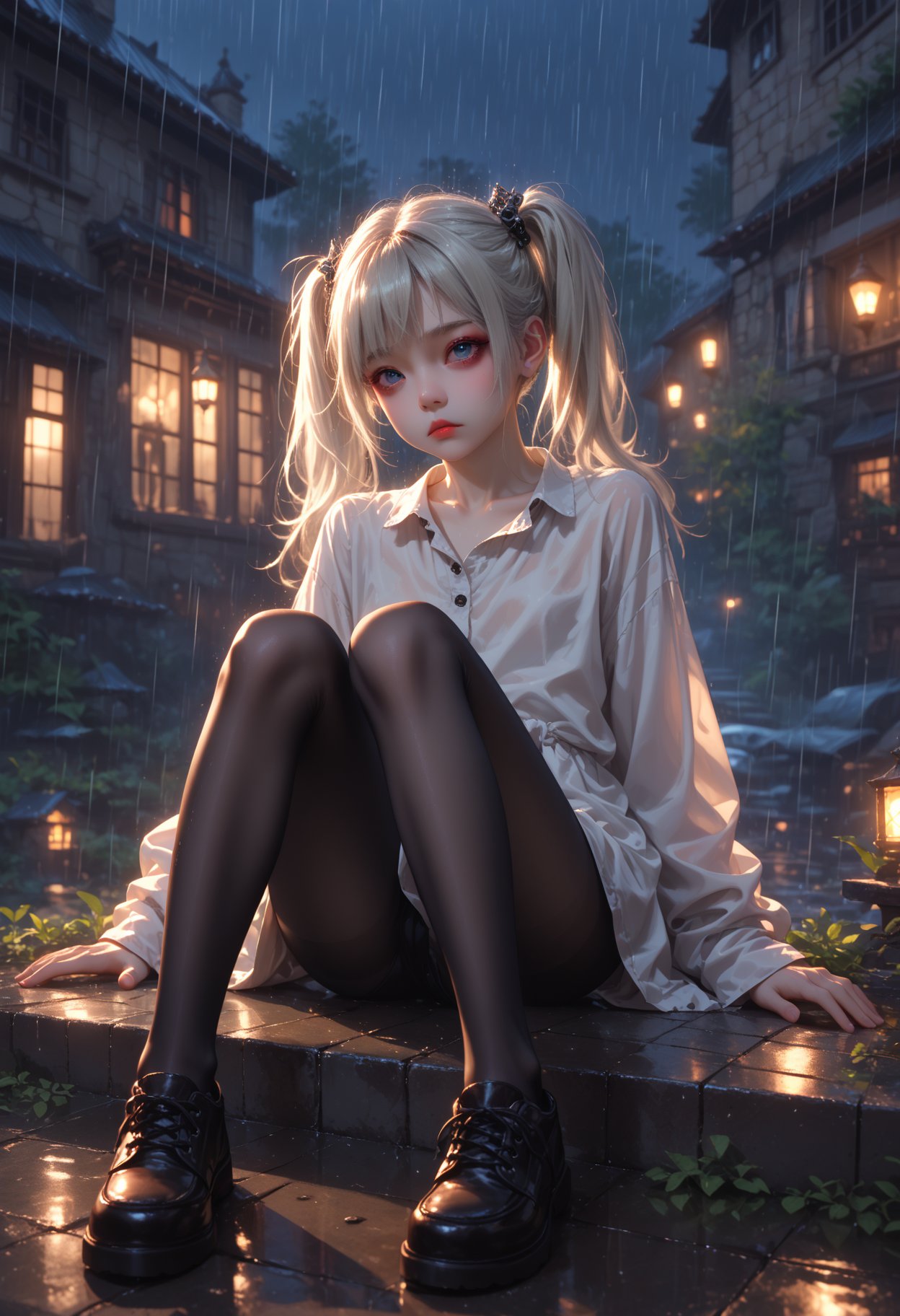 1girl,solo,petite,black pantyhose,loose clothes,goth,platinum blonde hair,twintails, Shiny skin,stone steps,night,rain,leaning back,dynamic lighting,modern,vogue, sitting,, cinematic film still,score_9,score_8_up,score_7_up,masterpiece,best quality,8k,source_cartoon,source_anime,