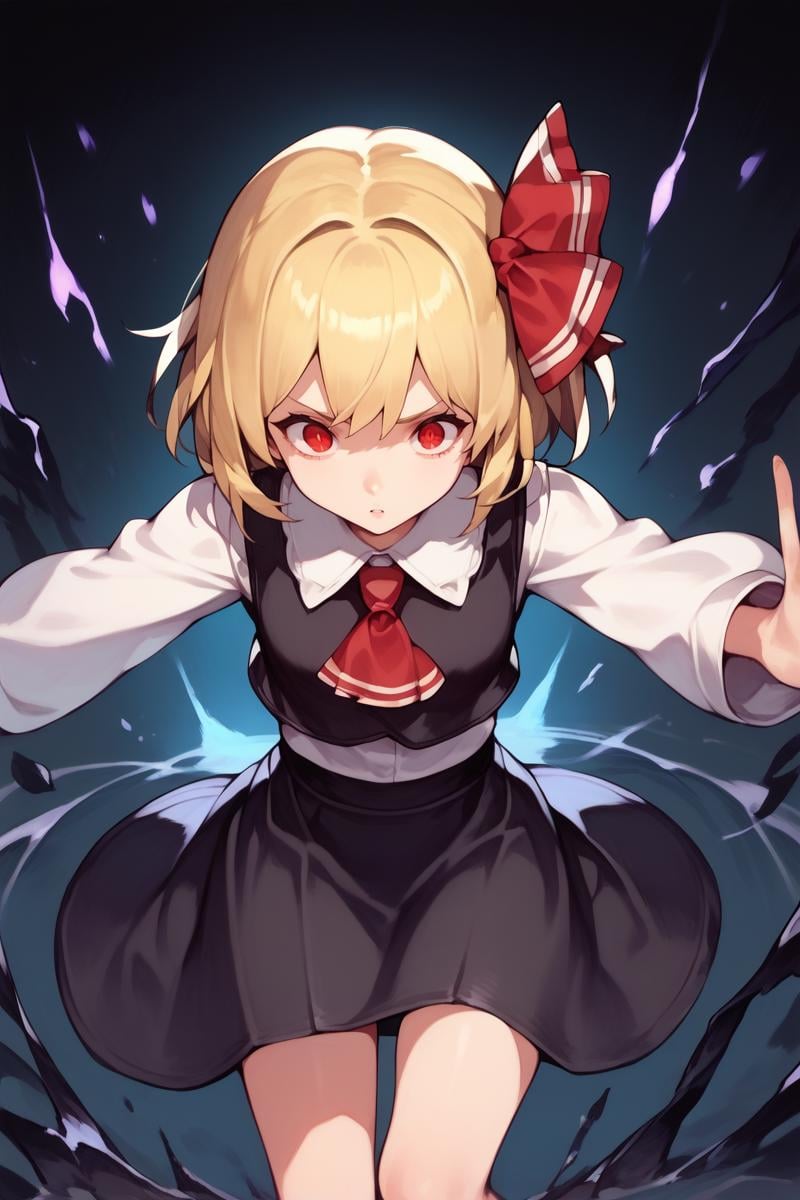 score_9, score_8_up, score_8, score_9, 1 girl, source_anime, black vest, white shirt, long sleeves, black skirt, blonde hair, red eyes, red ascot, hair ribbon, rumia, <lora:rumia_pony-10:1>, darkness, outstretched arms,  <lora:[GP] somethingweird [Pony XL]:0.8>, black background