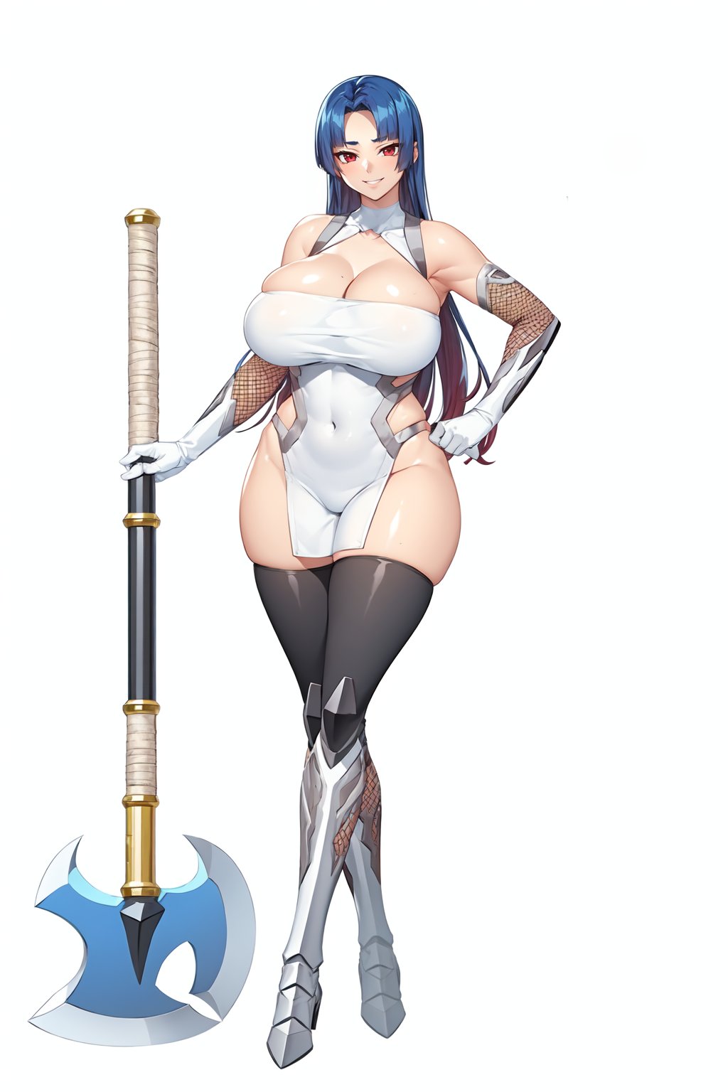 high quality, A girl is holding battle axe over shoulder, holding axe, standing, hand up,yatsu murasaki, 1girl, mature female, solo, full body,looking at viewer, smile,red eyes, blue hair, long hair, bangs,bare shoulders, elbow gloves, fishnets, taimanin suit, thigh boots, covered navel, cleavage,curvy, huge breasts, covered navel, thighs,white background, <lora:YatsuMurasaki:1>