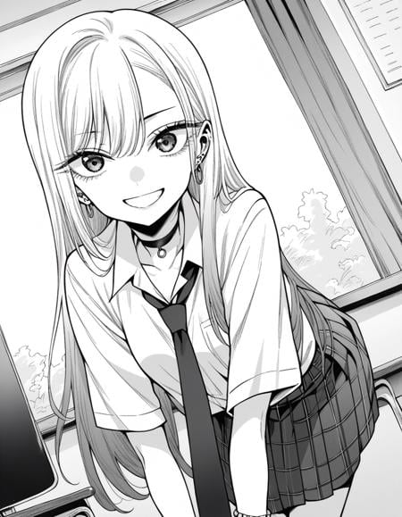 score_9, score_8_up, score_7_up, source_anime,marinkitagawa, <lora:marin-kitagawa-manga-ponyxl-lora-nochekaiser:1>,marin kitagawa, long hair, bangs, monochrome, greyscale,skirt, shirt, jewelry, school uniform, white shirt, pleated skirt, earrings, necktie, choker, bracelet, plaid, black choker, plaid skirt,indoors, classroom, bent over, smile,looking at viewer, cowboy shot, dutch angle, solo,