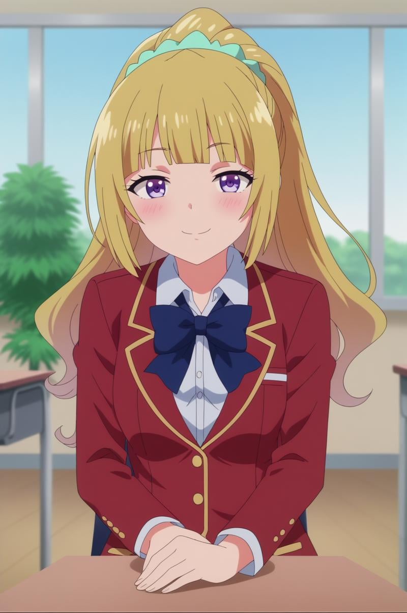 kei karuizawa,anime screencap,1girl,solo,mature,blonde hair,bangs,blush,ponytail,plant,indoors,classroom,standing,bow, school uniform, red blazer,scrunchie,jacket,sitting,looking at viewer, happy face, cowboy angle,blunt bangs,solo focus,sit,chair,desk <lora:Kei Karuizawa - PDXL2 .safetensors:0.8>