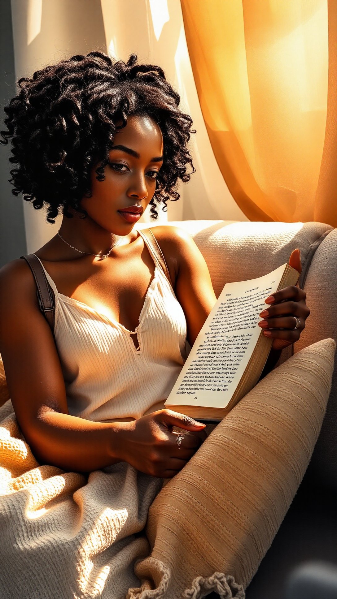 A beautiful black-skinned woman with intricate curls reading a book nestled on a cozy couch with a warm blanket, soft sunlight streaming through the window illuminating the pages, a serene digital illustration enhancing the peaceful atmosphere <lora:Ebony_Beauties:1>