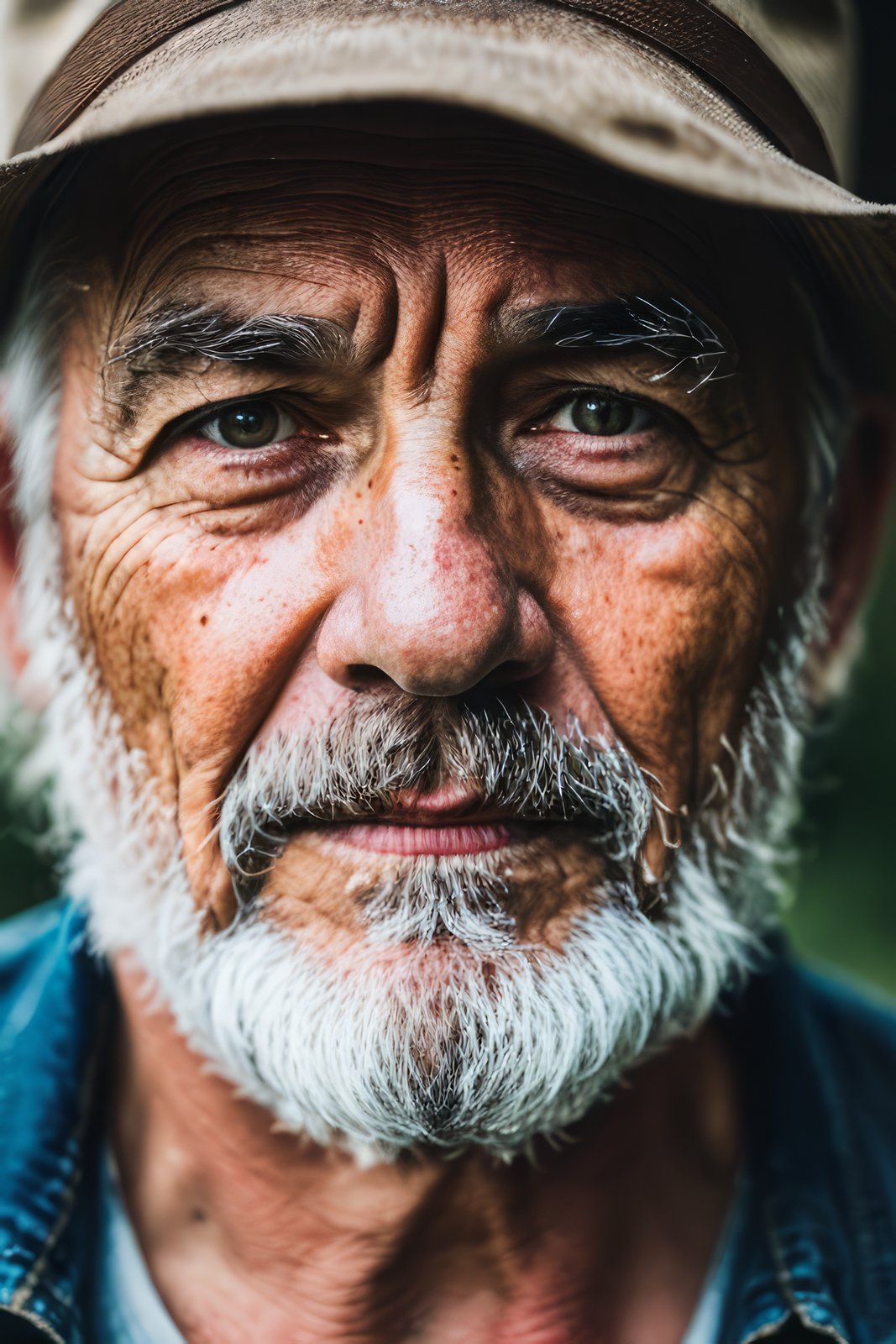 closeup portrait emotional photo of old man in rugged bluesman clothes, face, 8k uhd, high quality, film grain, looking at viewer, portrait, (skin pores:1.2), (moles:0.8), (imperfect skin:1.1), intricate details, goosebumps, flawless face, ((photorealistic):1.1), (raw, 8k:1.2), hyper realistic, HDR, cinematic, dark, muted colors, atmosphere, ((macro lens)), sunset