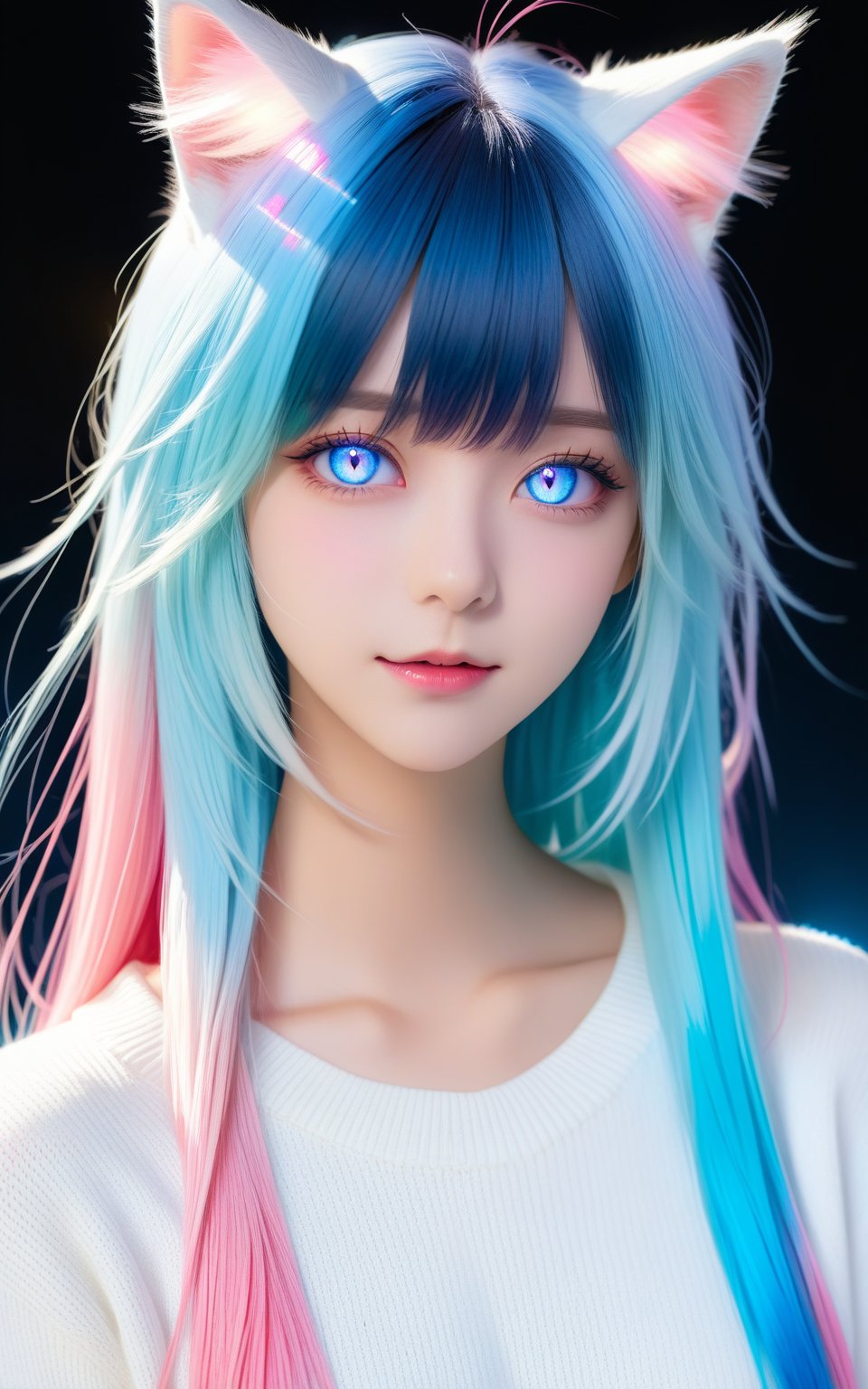 1girl, solo, cat ears, multicolored hair, ((gradient hair), white+(blue)+(pink:0.5) hair//), very long hair, messy hair, bangs, ahoge, ((gradient eyes), pink+light_blue eyes//), slit pupils, glowing eyes, 1fang,:o,white sweater,, masterpiece, best quality,