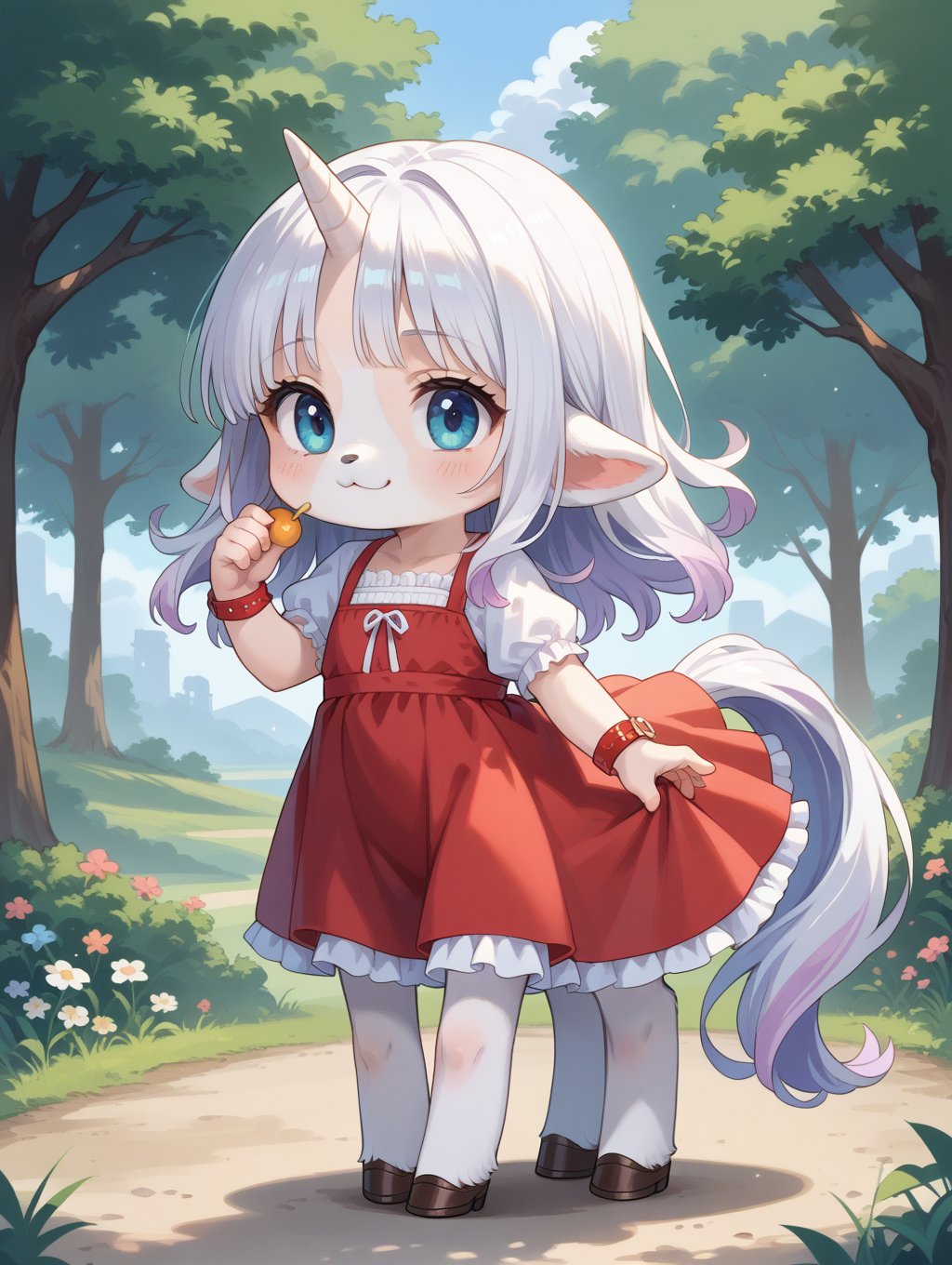 score_9, score_8_up, score_7_up,source_anime,chibi, furry,solo,  centaur, unicorn, dress, outdoors, 