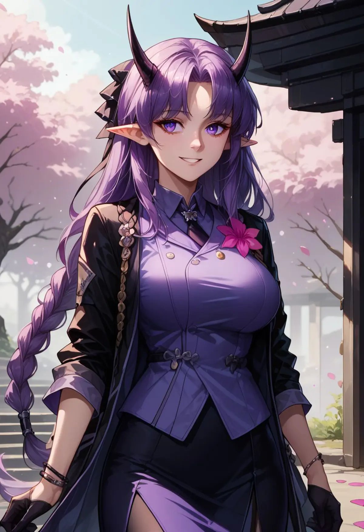 score_9, score_8_up, score_8, score_7_up,score_6_up,patHibiscus, long hair, purple hair, braid, pointy ears, horns, black necktie, purple shirt, black jacket, open clothes, pink flower, long sleeves, bracelet, black gloves, half gloves, black skirt, black pantyhose,cherry blossoms, outdoors, petals, standing, cowboy shot, smile, Expressiveh