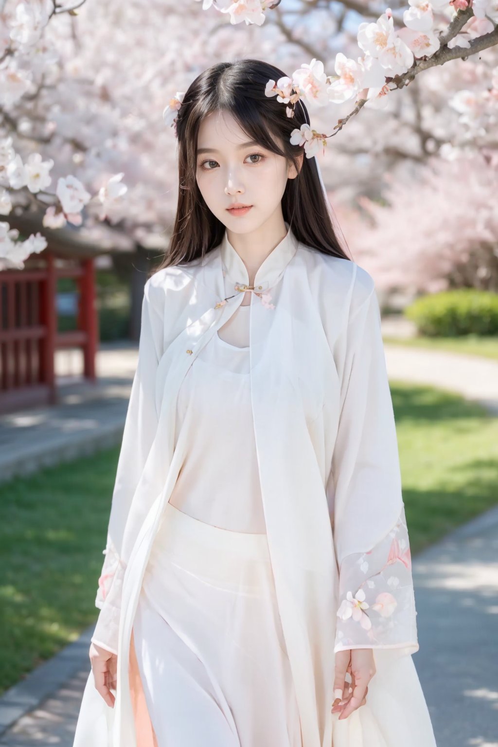 Realistic,best quality,masterpiece,8K,HDR,RAW,A pretty girl,seductive expression,charming,sex,1girl,((solo)),(standing),(large breasts),(outdoors,in spring,peach blossom,chinese-style architecture),(looking at viewer,),<lora:add_detail:0.6>,<lora:GoodHands-beta2:1>,<lora:ENNE 国风长袍裙_v3_09:1>,chinese clothes,