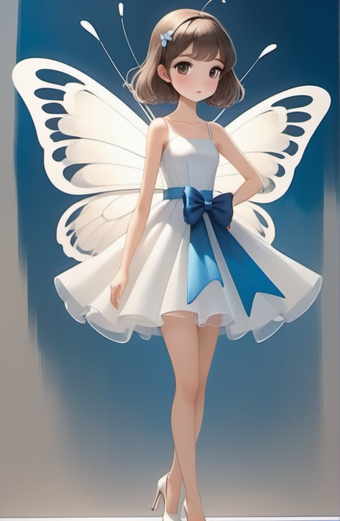 <lora:inset02-000016:0.6>，1girl, solo, looking at viewer, blush, short hair, bangs, brown hair, hair ornament, dress, bow, bare shoulders, brown eyes, standing, collarbone, full body, parted lips, wings, shoes, sleeveless, white dress, high heels, see-through, grey eyes, bare arms, sleeveless dress, shadow, blue bow, white footwear, bug, butterfly, skirt hold, butterfly hair ornament, fairy, butterfly wings