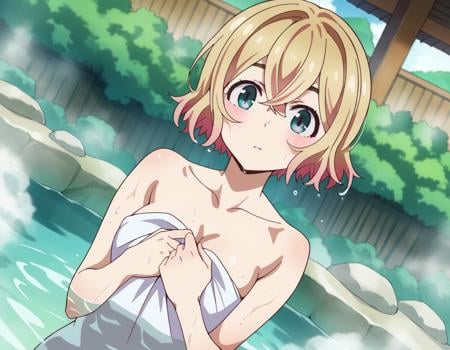 score_9, score_8_up, score_7_up, source_anime,maminanami, <lora:mami-nanami-s1-ponyxl-lora-nochekaiser:1>mami nanami, short hair, aqua eyes, blonde hair, hair between eyes,nude, naked, outdoors, onsen, towel, naked towel, steam, bathing, nude cover, partially submerged, water, bath, steam censor, wet towel,looking at viewer, dutch angle, cowboy shot