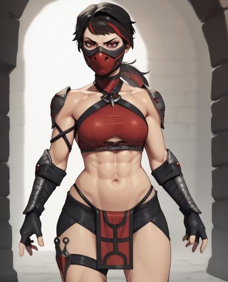 score_9,score_8_up,score_7_up,score_6_up,Skarletxl,red eyes,black hair,multicolored hair,ponytail,mask,shouler pads,bikini,red top,midriff,shoulder pads,pelvic curtain,gauntlets,bandages,bare shoulders,fingerless gloves, thigh strap, standing,navel,toned,collarbone,dungeon,<lora:Skarlet:0.9>,