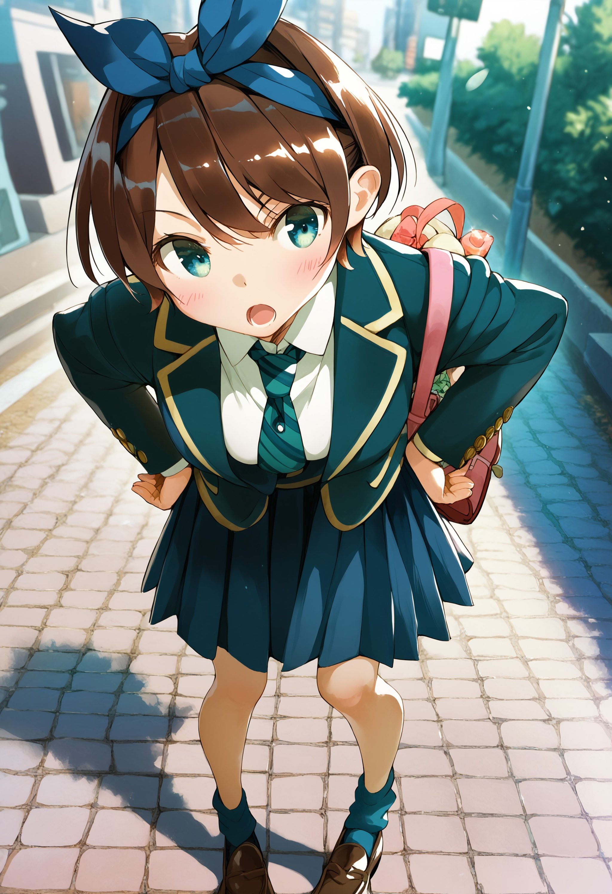 score_9, score_8_up, score_7_up, score_6_up,by miyajima reiji, sarashina ruka, 1girl, solo, brown hair, skirt, short hair, school uniform, necktie, aqua eyes, bag, shoes, socks, loafers, open mouth, jacket, hairband, blazer, full body, hands on own hips, blush, ribbon, pleated skirt, blue socks, hair ribbon, leaning forward,outdoors, street, close-up, from above, masterpiece, best quality<lora:kanojookarisimasu_v10:1>