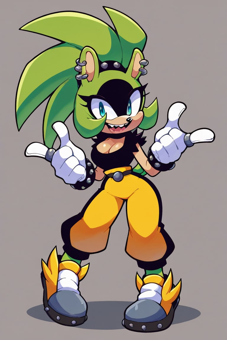 score_9,  score_8_up, 2D, flat color, 1girl, flat background, surge the tenrec, by sonic team, wide hips, narrow waist, cleavage <lora:Smooth Anime 2 Style SDXL_LoRA_Pony Diffusion V6 XL:1>  <lora:SurgeSDXL:0.75>