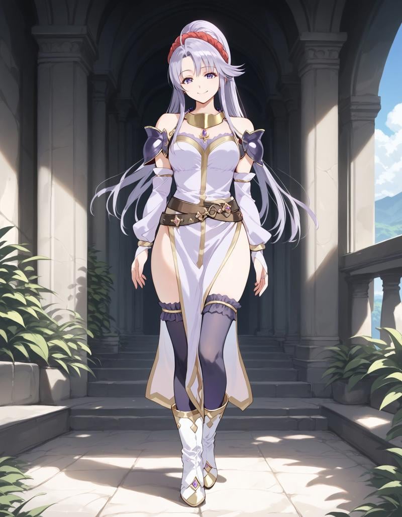 score_9, score_8_up, score_7_up, score_6_up, BREAK source_anime, best quality, masterpiece,1girl,<lora:tailtiu fehPonyXL:0.8>,tailtiu feh,shoulder armor,white bridal gauntlets,jewelry,purple dress,belt,side slit,purple thighhighs,white boots,full body,standing,smile,looking at viewer