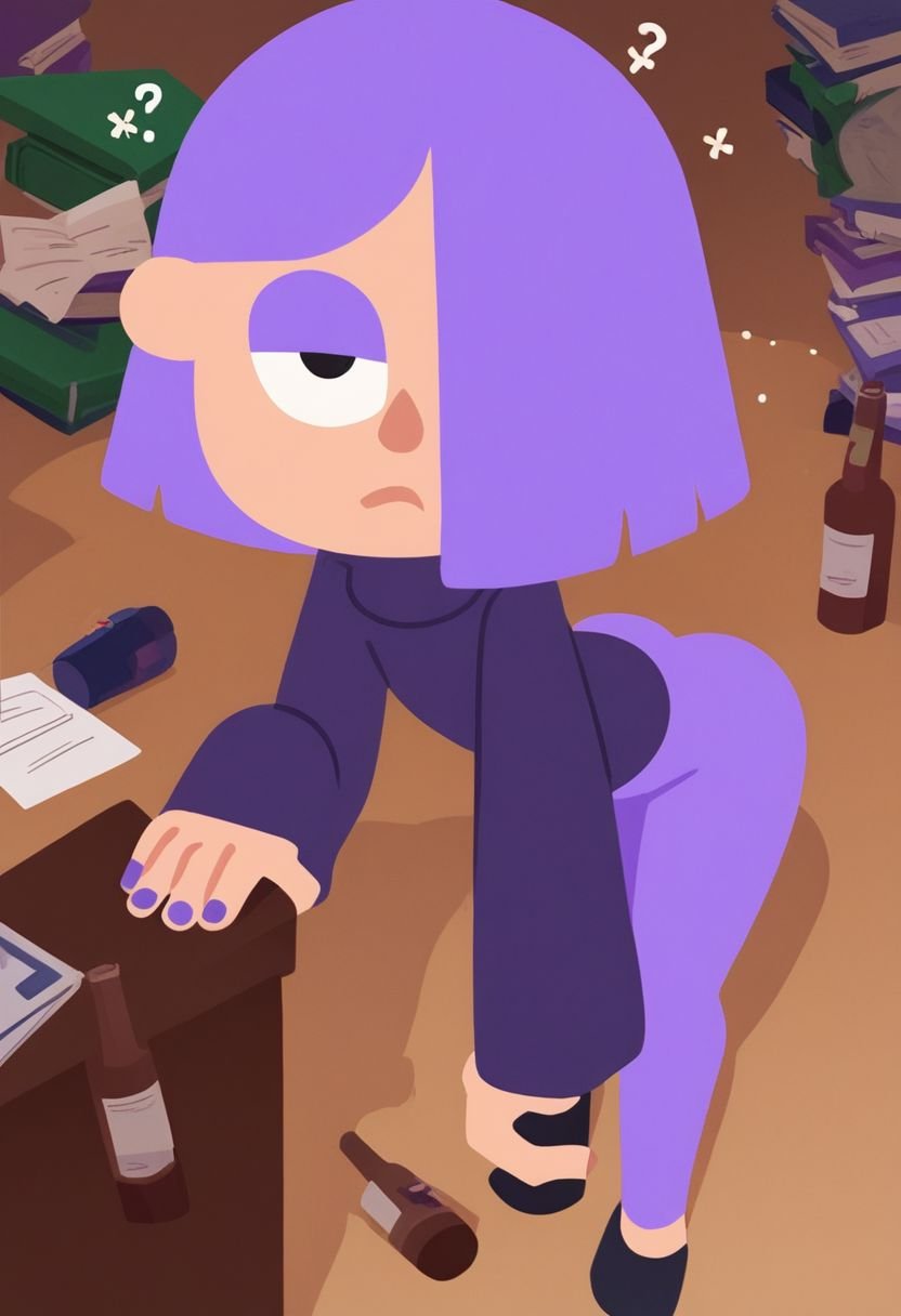 score_9, score_8_up, score_7_up, pinup girl pose, Expressiveh, a sexy girl (18 y.o.) , 1girl, , Lily, LilyDuolingo, girl, light purple hair, hair over one eye, purple nails, thin body, petite, purple sweater, purple leggings,cute, confused, lonely, tired, unfocused, dazed,  on floor, aesthetic, well lit, bright lighting,  in a office,cute, drunk, tired, unfocused, dazed,  standing, , molesting, molest, grope,ass grab,aesthetic, wide angle, surrounded by brown hair men